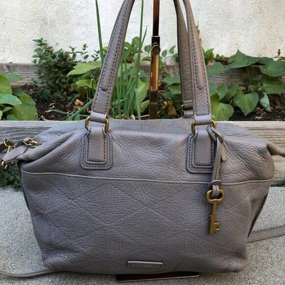 FOSSIL Crossbody Shoulder Hand Bag Purse Grey Leather Satchel Zipper - Picture 1 of 11